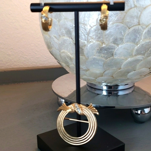 Vintage avon pin & pierced earrings set goldtone & crystals - Picture 2 of 7